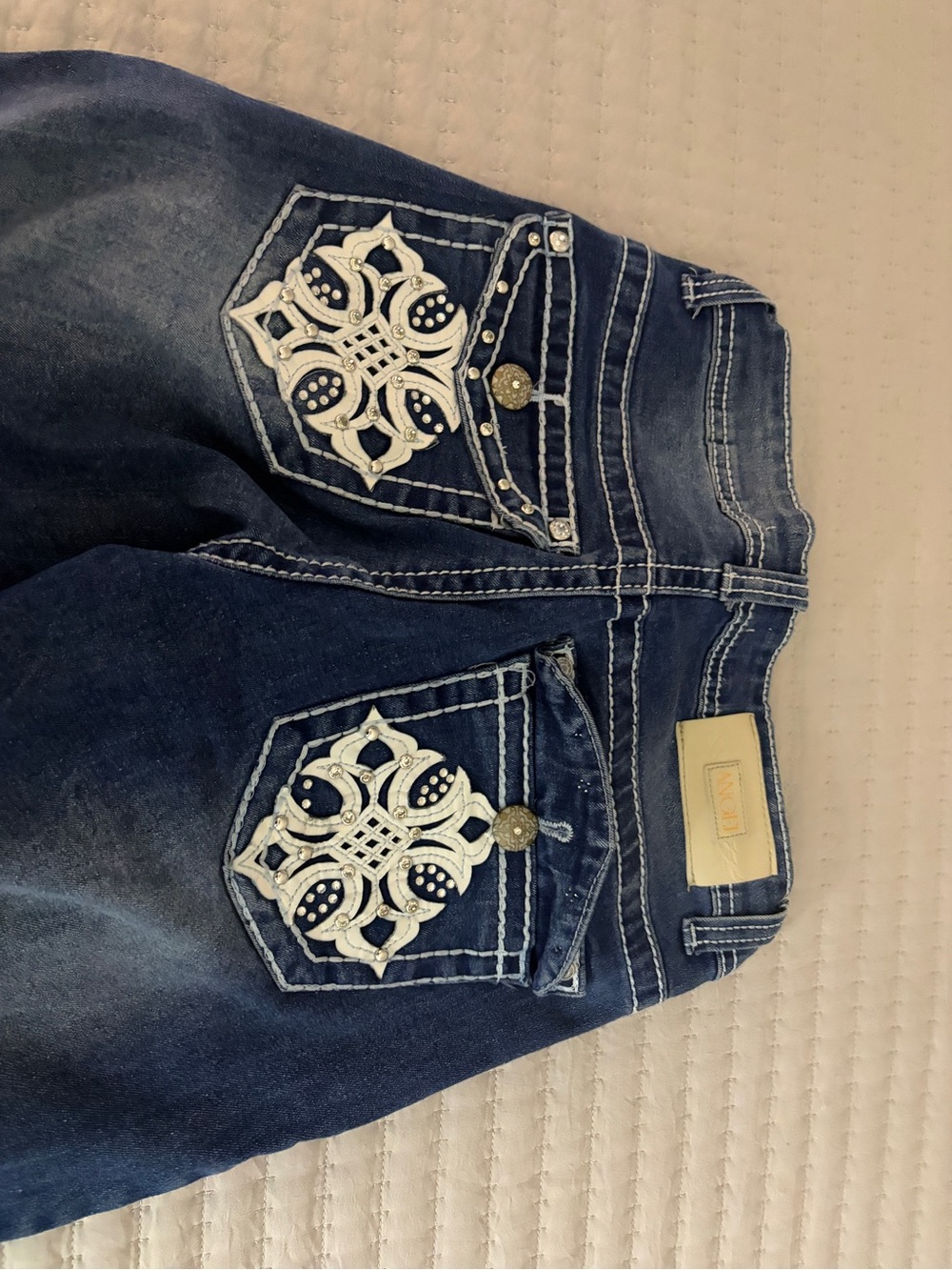 Angel Dark Blue Bootcut Jeans with White Embroidered Pockets